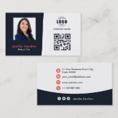 プロフェッショナルカスタムQRCodeフォトネイビーブルーレッド 名刺 (正面/裏面)