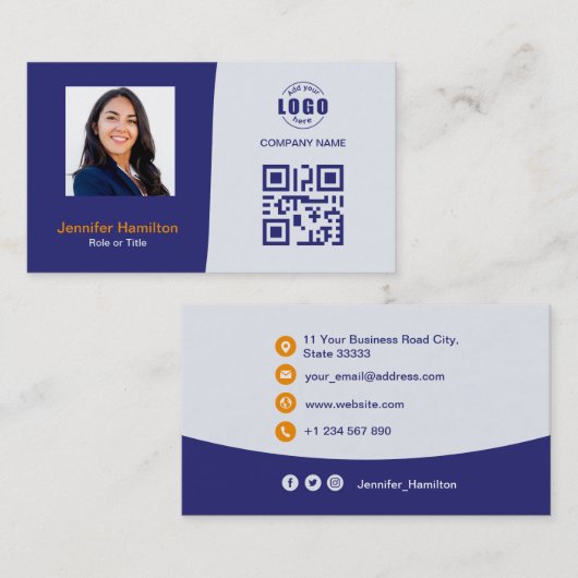 プロフェッショナルカスタムQRCodeフォトブルーオレンジ 名刺 (正面/裏面)