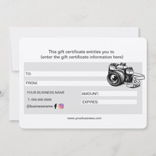 プロフェッショナルカメラフォトグラファーのギフト証明書 (裏面)
