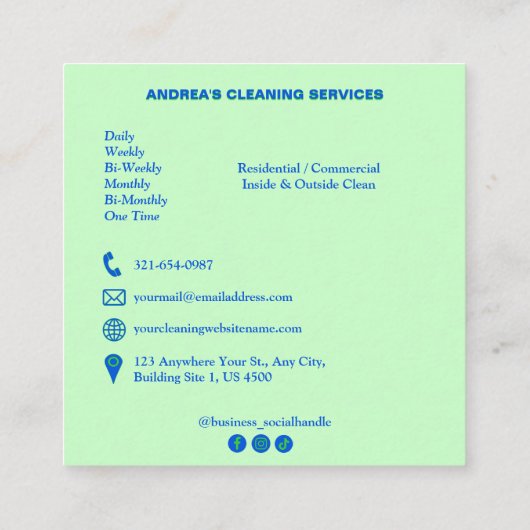 プロフェッショナルクリーニングサービスのロゴ緑と青 スクエア名刺 (裏面)