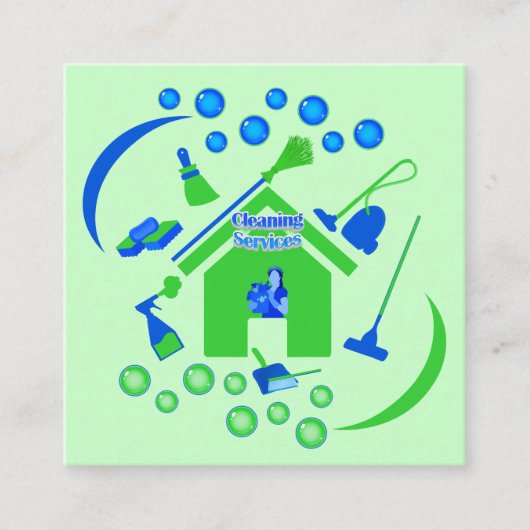 プロフェッショナルクリーニングサービスのロゴ緑と青 スクエア名刺 (正面)