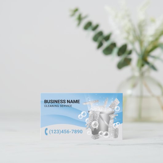 プロフェッショナルクリーニングサービスモダンの青いカーブ 名刺 (スタンド正面)