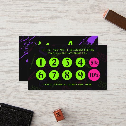 プロフェッショナルグリーンネオンパープル爪、 ネイルネイルサロン ロイヤリティカード (正面/裏面インサイチュ)