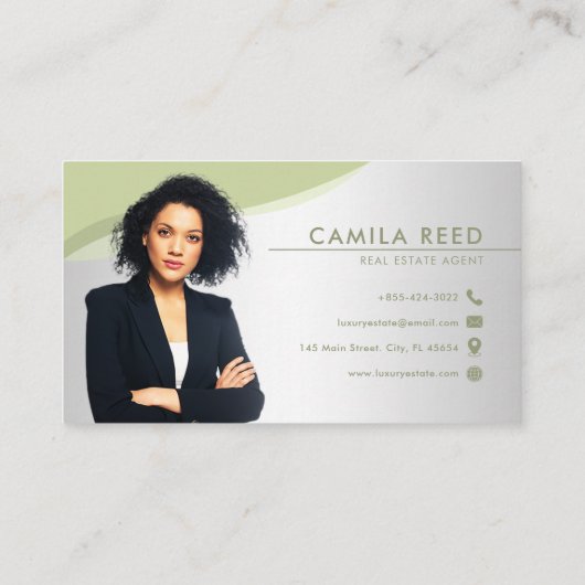 プロフェッショナルグリーン&グレー実在エステートエージェントフォト 名刺 (裏面)