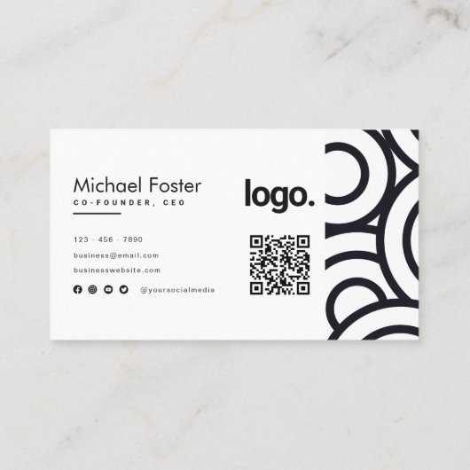 プロフェッショナルサークル白黒ミニマルQRコード 名刺 (裏面)