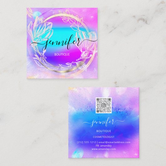 プロフェッショナルショップバラ金ゴールドホログラフピンクフローラ スクエア名刺 (正面/裏面)