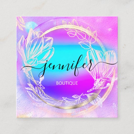 プロフェッショナルショップバラ金ゴールドホログラフピンクフローラ スクエア名刺 (正面)