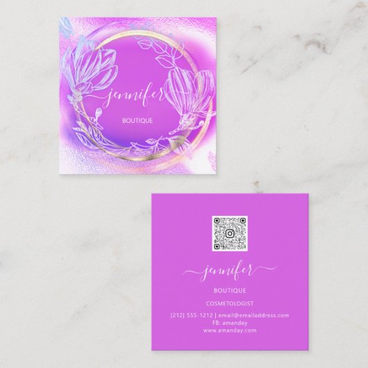プロフェッショナルショップ金ゴールドピンクフローラQRコードロゴ スクエア名刺 (正面/裏面)