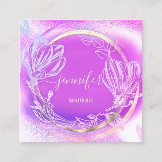 プロフェッショナルショップ金ゴールドピンクフローラQRコードロゴ スクエア名刺 (正面)