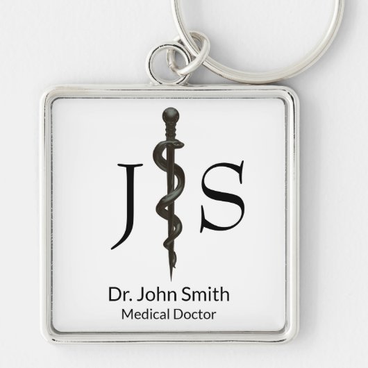 プロフェッショナルシンプルメディカルアスクレピウス白黒 キーホルダー (正面)