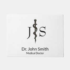 プロフェッショナルシンプルメディカルアスクレピウス白黒 ドアマット