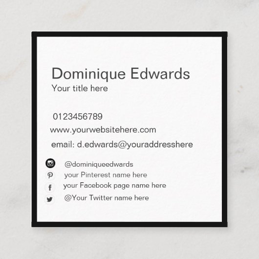 プロフェッショナルシンプル白黒ソーシャルメディア スクエア名刺 (裏面)