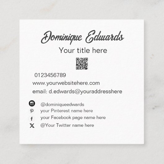 プロフェッショナルシンプル白黒フォトソーシャルメディア スクエア名刺 (裏面)