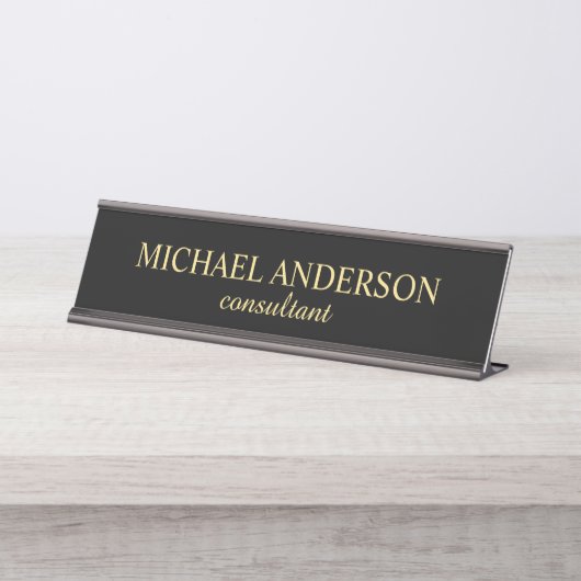 プロフェッショナルスクエレガントリプトの黒と金ゴールド デスクネームプレート (正面)