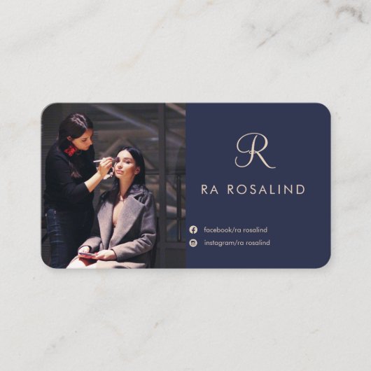 プロフェッショナルスタイリッシュネイビーブルーモノグラムのフォト 名刺 (正面)