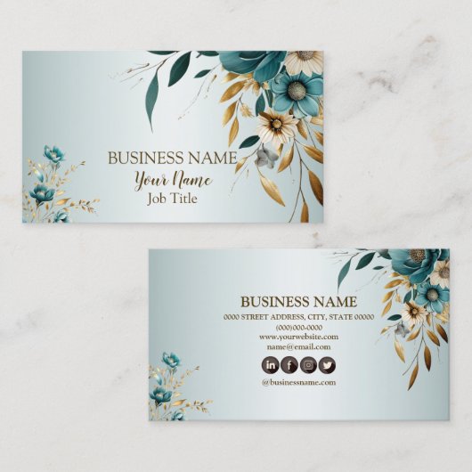 プロフェッショナルターコイズホワイトフラワーゴールデン離れズ 名刺 (正面/裏面)