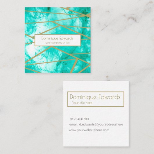 プロフェッショナルティール(緑がかった色)ブルーウォーターカラージオメトリック スクエア名刺 (正面/裏面)