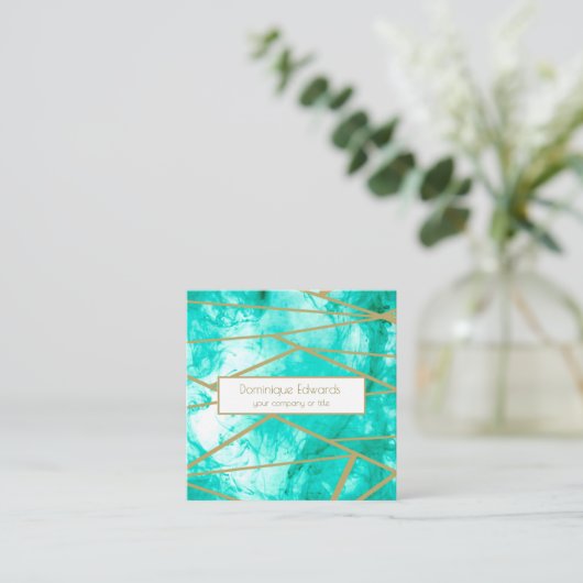 プロフェッショナルティール(緑がかった色)ブルーウォーターカラージオメトリック スクエア名刺 (スタンド正面)