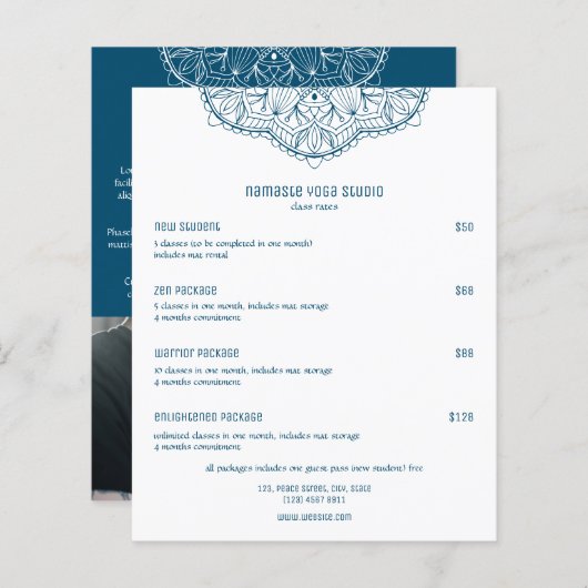 プロフェッショナルティール(緑がかった色)ヨガクラスカスタム価格表 (正面/裏面)