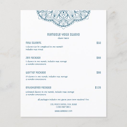 プロフェッショナルティール(緑がかった色)ヨガクラスカスタム価格表 (正面)