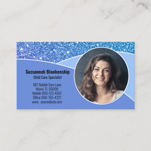 プロフェッショナルナニーカスタムフォトブルーQRコード 名刺 (正面)