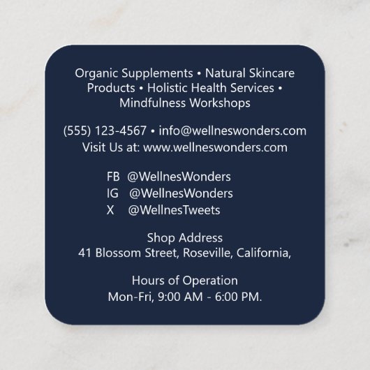 プロフェッショナルネイビーブルーOCRカスタムロゴブランディング スクエア名刺 (裏面)