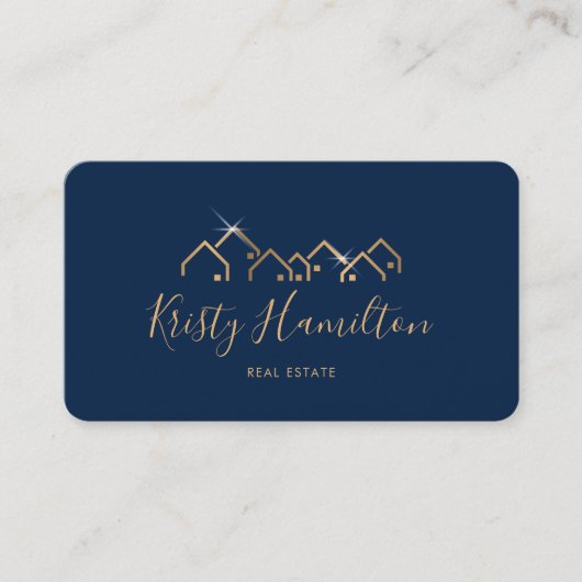 プロフェッショナルネイビー実在金ゴールド不動産仲介業者写真 名刺 (正面)
