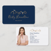 プロフェッショナルネイビー実在金ゴールド不動産仲介業者写真 名刺 (正面/裏面)