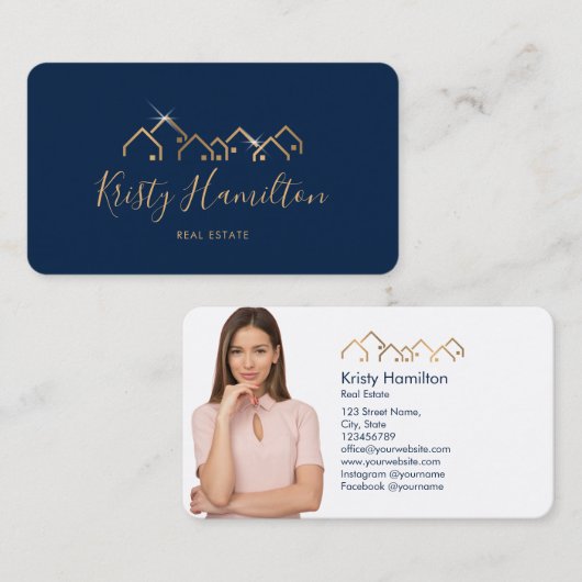 プロフェッショナルネイビー実在金ゴールド不動産仲介業者写真 名刺 (正面/裏面)