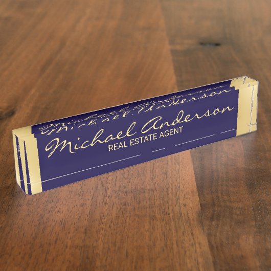 プロフェッショナルネービエレガントーブルー&金ゴールド デスクネームプレート (側面)