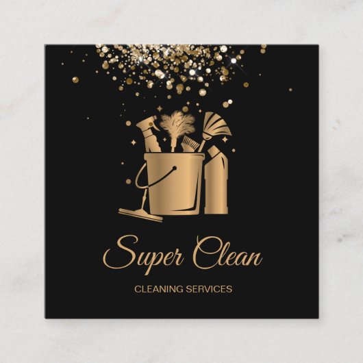 プロフェッショナルハウスクリーニングメイド金ゴールドグリッターバス スクエア名刺 (正面)