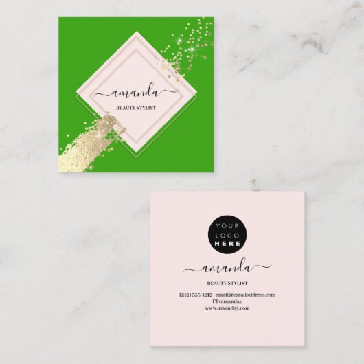 プロフェッショナルバラフレーム金ゴールドグリーンメイクアップロゴ スクエア名刺 (正面/裏面)