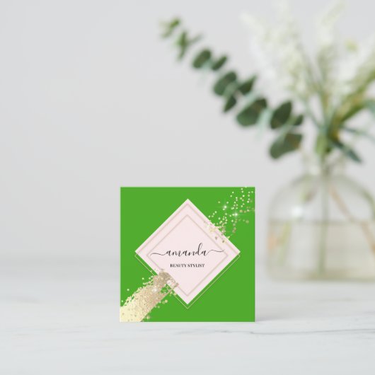 プロフェッショナルバラフレーム金ゴールドグリーンメイクアップロゴ スクエア名刺 (スタンド正面)
