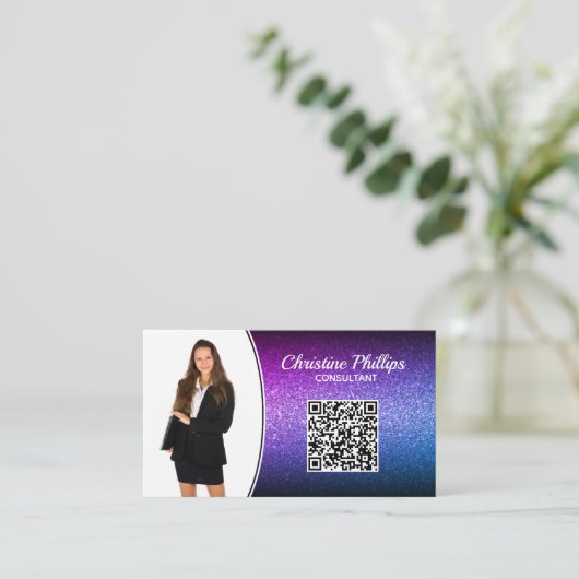 プロフェッショナルパープルグラデーショングリッターカスタムフォトQR 名刺 (スタンド正面)