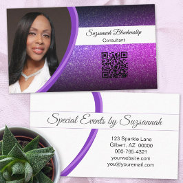 プロフェッショナルパープルグリッターカスタムフォトQRコード 名刺