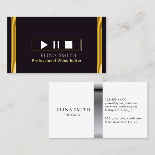 プロフェッショナルビデオエディターブラック金ゴールド名刺 名刺 (正面/裏面)