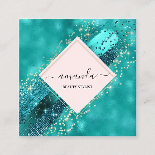 プロフェッショナルフレーム金ゴールド美しいロゴトロピカルアクア スクエア名刺 (正面)