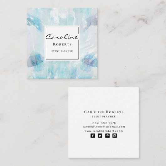 プロフェッショナルブエレガントルー水色ブラシストローク スクエア名刺 (正面/裏面)