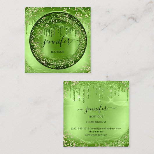 プロフェッショナルブティックショップグリッターグリーン金ゴールド スクエア名刺 (正面/裏面)