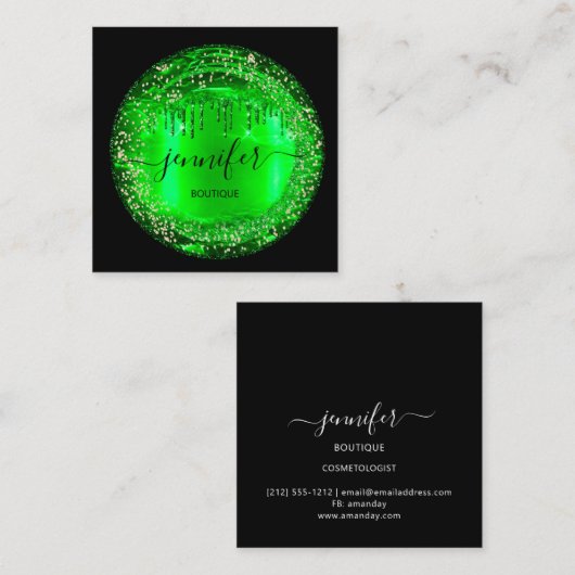 プロフェッショナルブティックショップグリッタードリップエメラルド スクエア名刺 (正面/裏面)