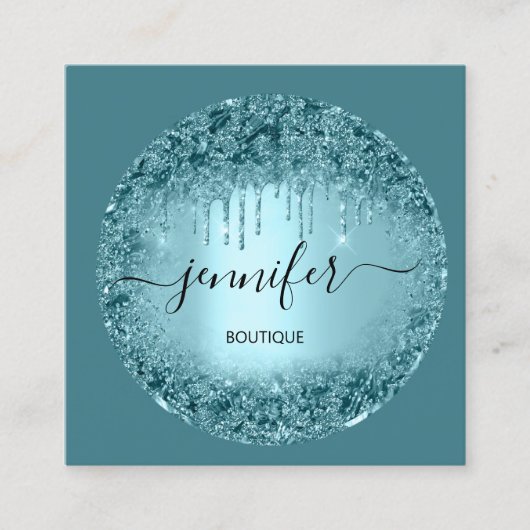 プロフェッショナルブティックショップグリッターバラティール(緑がかった色)ブルー スクエア名刺 (正面)