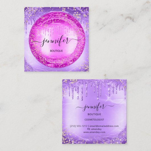 プロフェッショナルブティックショップグリッターパープルピンク スクエア名刺 (正面/裏面)