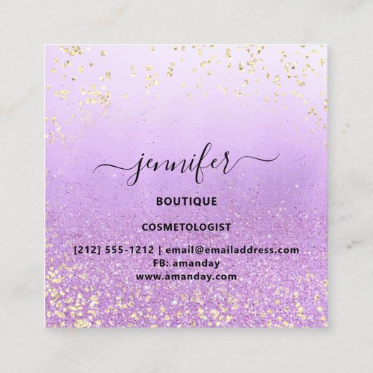 プロフェッショナルブティックショップグリッターパープル金ゴールド スクエア名刺 (裏面)