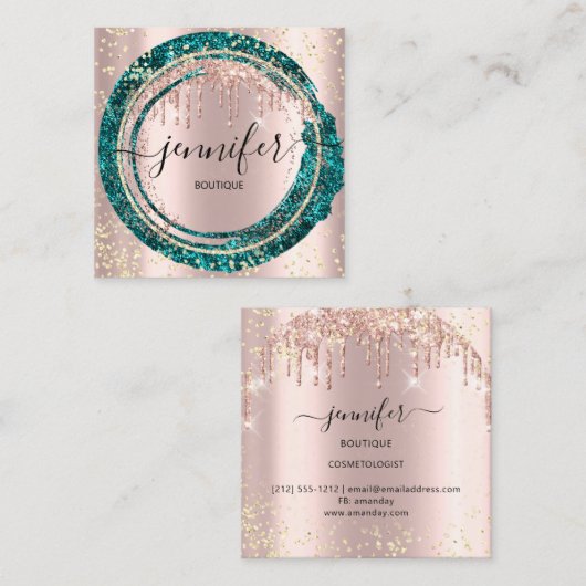 プロフェッショナルブティックショップグリッターピンクティール（緑がかった色） スクエア名刺 (正面/裏面)