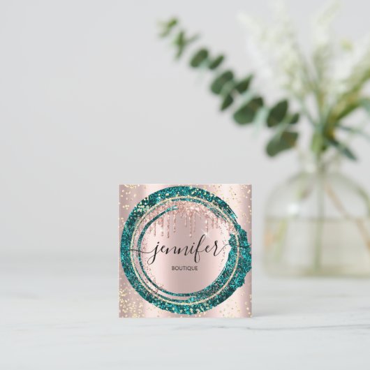 プロフェッショナルブティックショップグリッターピンクティール（緑がかった色） スクエア名刺 (スタンド正面)