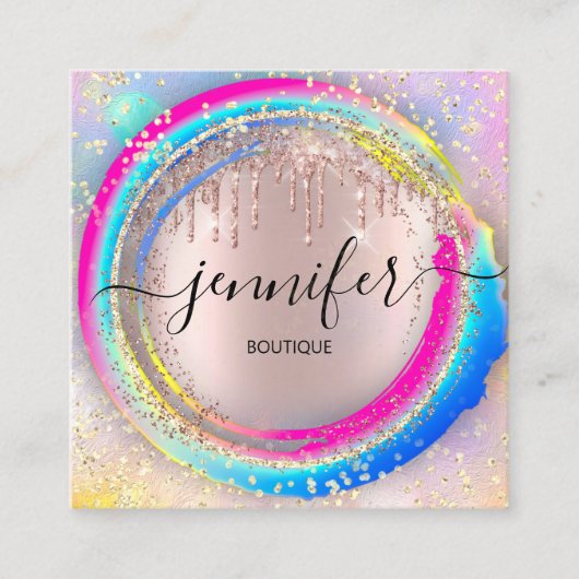 プロフェッショナルブティックショップグリッターピンクレインボー スクエア名刺 (正面)