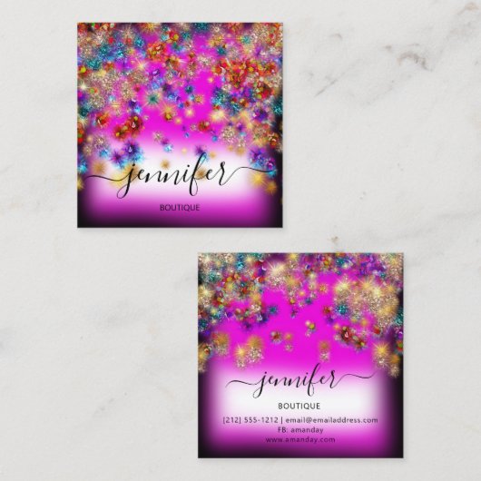 プロフェッショナルブティックショップグリッター紙吹雪ピンク スクエア名刺 (正面/裏面)