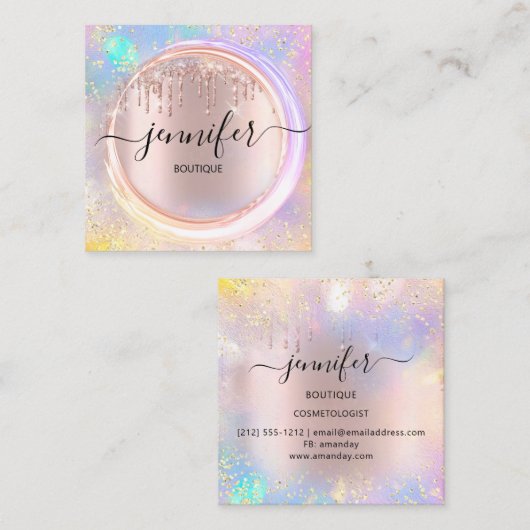 プロフェッショナルブティックショップドリップピンクホログラフ スクエア名刺 (正面/裏面)