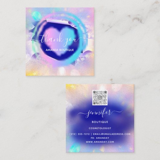 プロフェッショナルブティックショップネイビーハートホログラフ スクエア名刺 (正面/裏面)