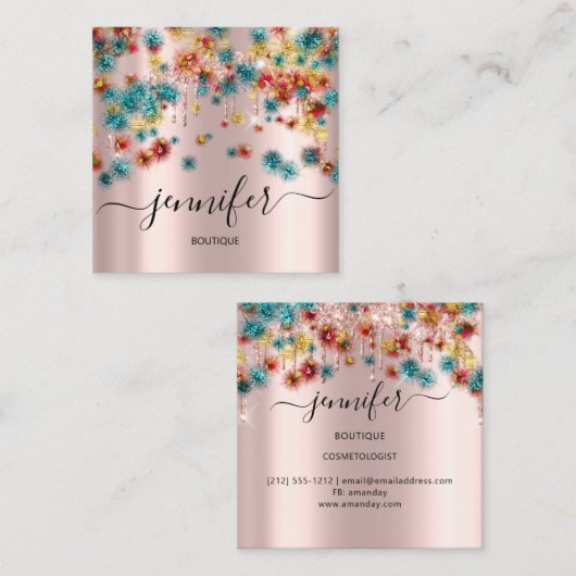 プロフェッショナルブティックショップバラ紙吹雪ティール（緑がかった色） スクエア名刺 (正面/裏面)